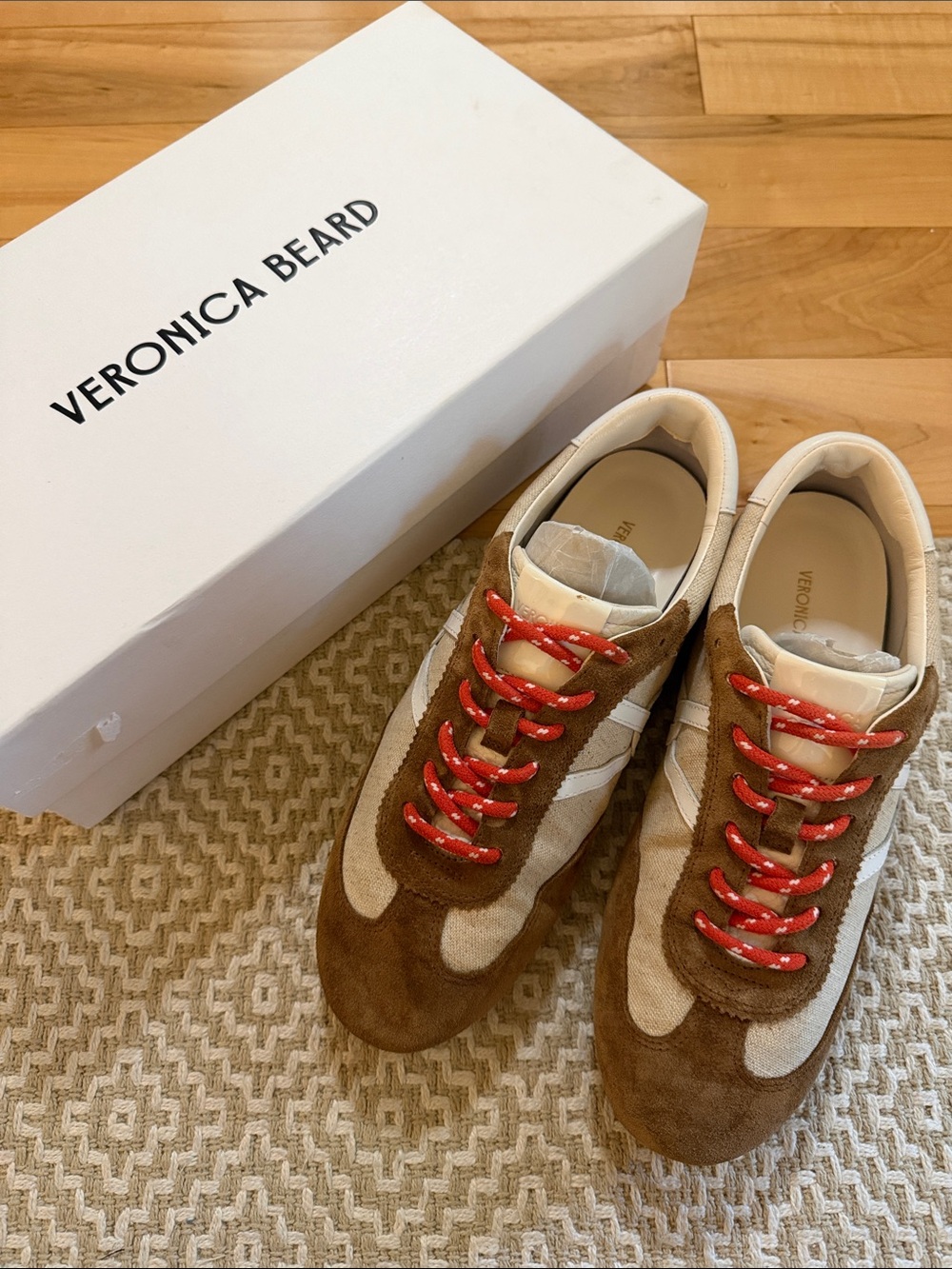 Veronica Beard Riviera Sneakers Brown Suede & White Patent with Red Laces - Picture 2 of 4
